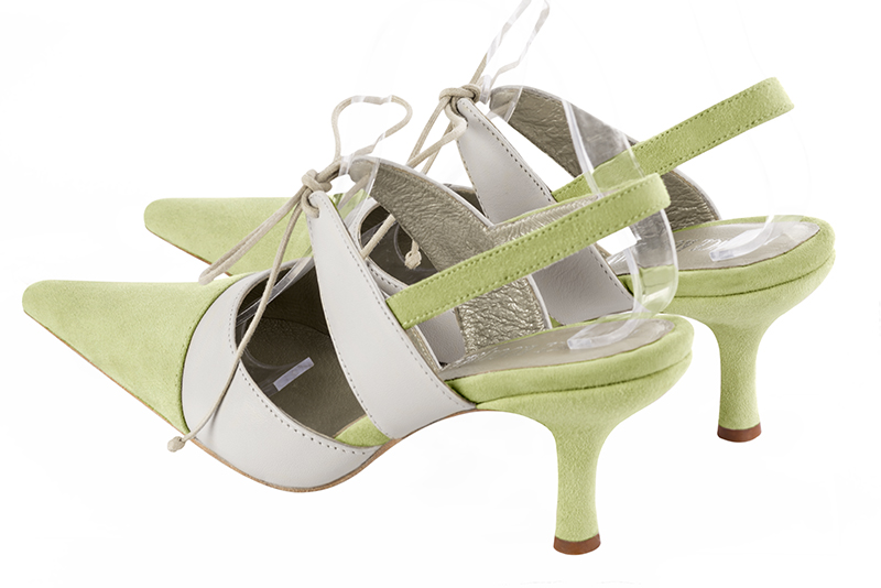 Meadow green and pure white women's open back shoes, with an instep strap. Pointed toe. High slim heel. Rear view - Florence KOOIJMAN